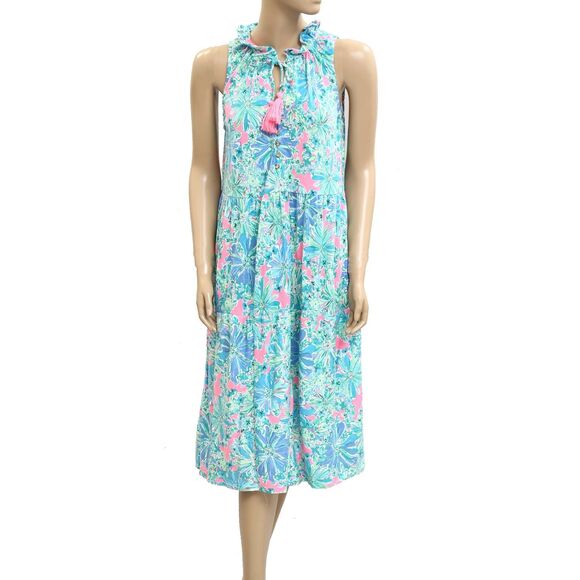 Lilly Pulitzer Floral Printed Midi Dress Ruffle Tank Cotton Resort M NEW 282440 - Picture 1 of 5
